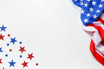 USA flag and stars on white background. Independence Day celebration