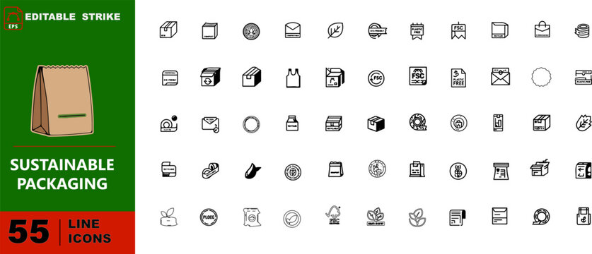 Sustainable Packaging Flat Vector Icons Set &ndash; Paper Bag, Eco Mailer, Compost Label, Plastic-Free, FSC Certified