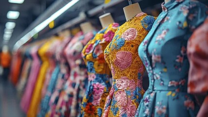 Colorful floral dresses displayed on mannequins
