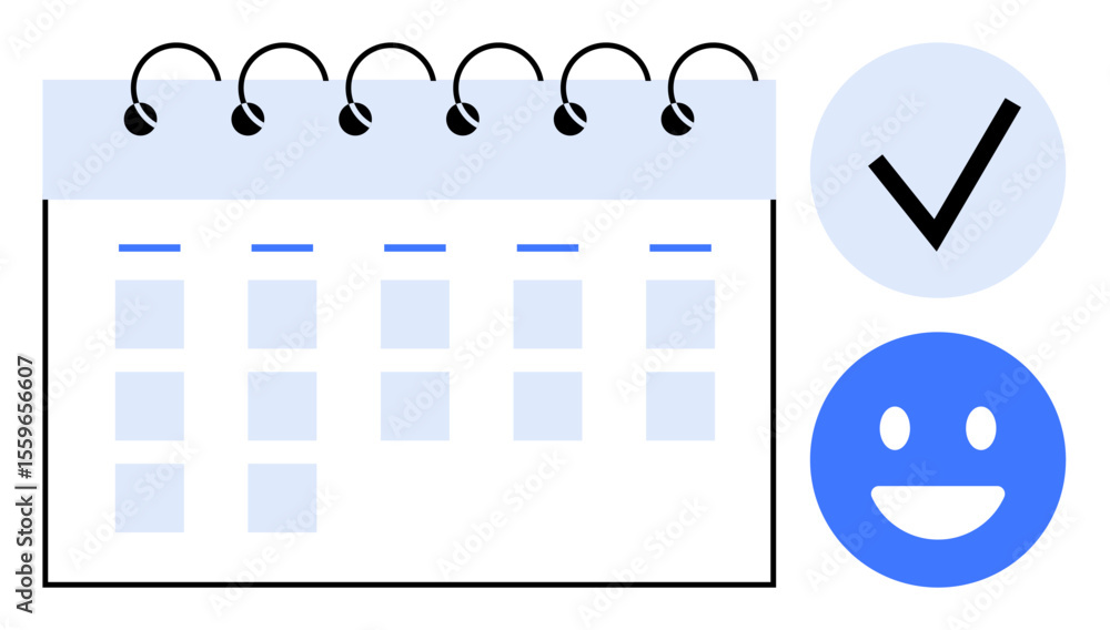 Poster open calendar with spiral binding beside a bold checkmark and friendly happy face. ideal for schedul