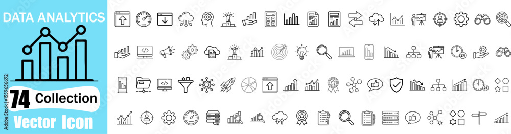 Poster data analytics 74 icon set. containing database, statistics, analytics, server, monitoring, computin