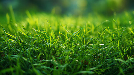 Fototapeta premium Vibrant green grass texture in soft focus, symbolizing nature's delicate beauty