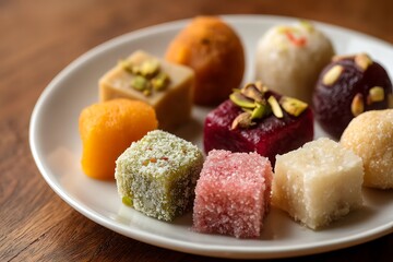 Indian Sweets on Plate: A colorful array of Indian sweets, or mithai, is displayed on a white plate, showcasing the diverse textures and flavors of South Asian cuisine.