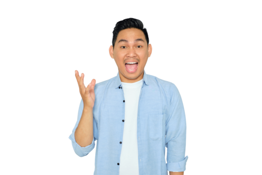 Portrait of shocked young Asian man in casual clothes looking at camera with open mouth and raised palms isolated on transparent background