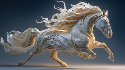 A horse with long white hair is running through the air. The image is a representation of freedom and grace, as the horse's flowing mane and tail suggest a sense of movement and energy