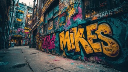 A graffiti covered alleyway with the word Mike written on it. The alleyway is filled with colorful graffiti and has a vibrant, urban feel to it