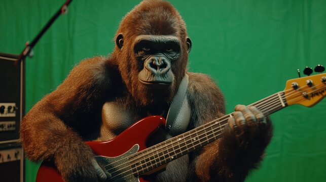A Gorilla shredding a red bass guitar on a vibrant green screen background stage - Powered by Adobe