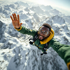 Joyful man skydiving over snowy mountains waving hello