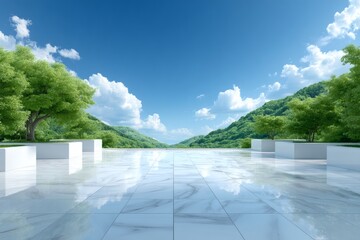 Obraz premium Modern Minimalist Outdoor Plaza with Lush Greenery