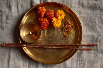 Fototapeta premium Sacred Offering: A beautifully arranged offering plate, featuring a lit lamp, vibrant marigold flowers, and incense sticks, set against a simple backdrop.