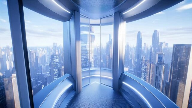 Futuristic cityscape viewed from a glass elevator