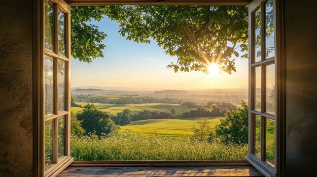 open window framing a sun-drenched countryside evokes a sense of serenity, tranquility and possibility, inviting contemplation and appreciation of nature's beauty