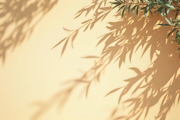 Obraz premium Shadows of olive tree leaves, branches over beige wall. Summer background with a pattern of lens flare. Sunlight overlay with copy space