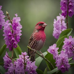 Purple finch among blooming purple orchids