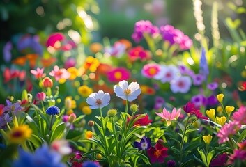 Vibrant Spring Flowers in a Sunlit Garden A Colorful Floral Tapestry