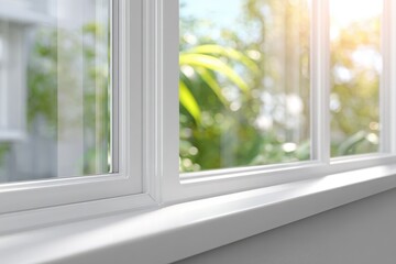 Close-up of white window frame, sunlight, greenery outside