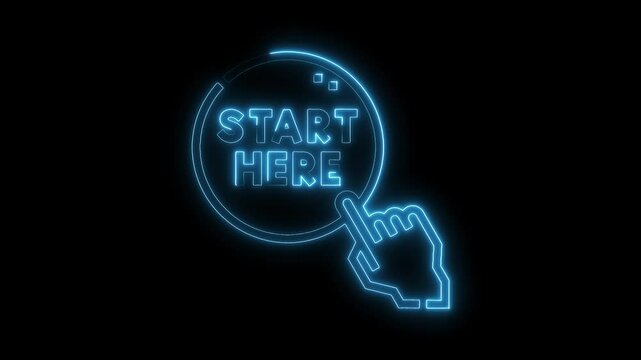 Glowing start here button with finger clicking neon light effect on black background