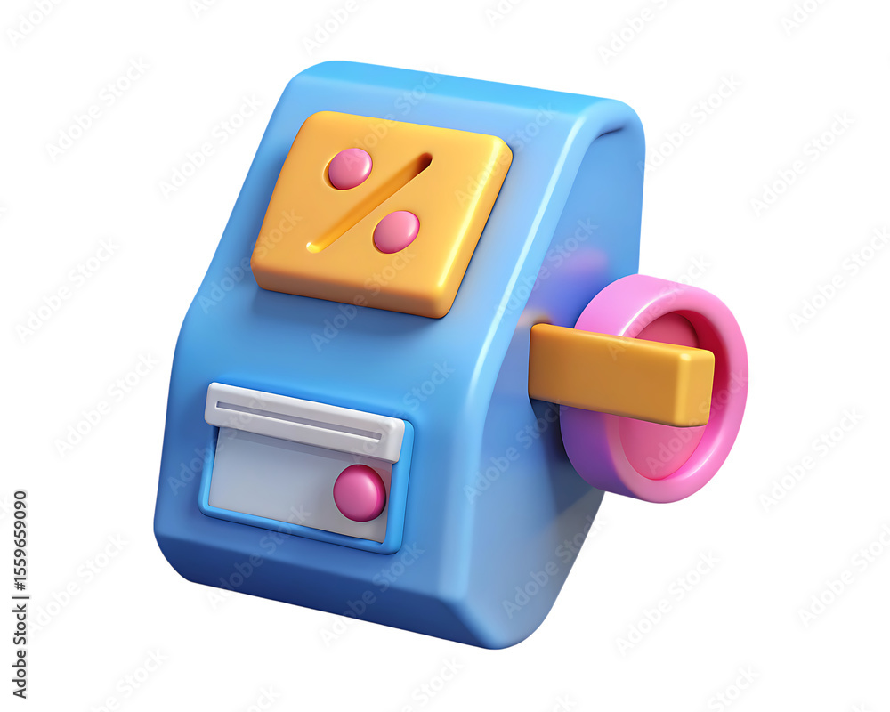 Fototapete 3d rendering of a stylized blue discount calculator with a percentage symbol and a crank isolated on