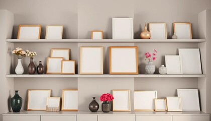 Empty shelves styled with blank photo frames, decorative vases, and assorted ornaments,  home staging,  photography