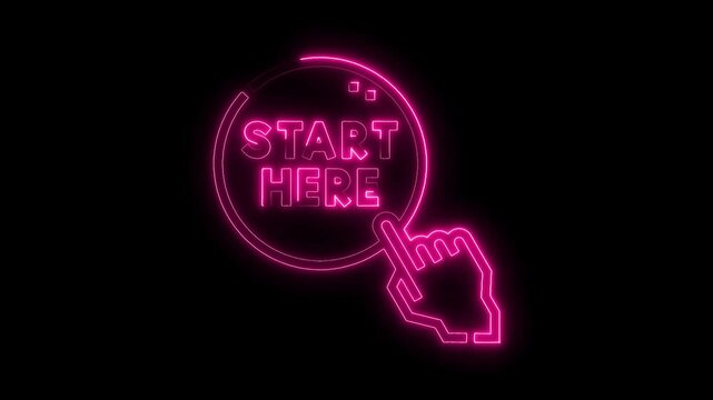 Digital neon start here button with clicking hand cursor for website interface