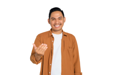 Happy young Asian man in casual shirt showing come on gesture with hands isolated on transparent background