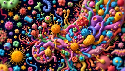conceptual art of the gut microbiome, a diverse ecosystem of colorful, stylized bacteria.
