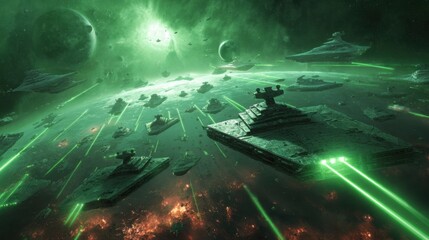 Epic Space Battle Futuristic Fleet Spaceships Laser Fire Galactic War