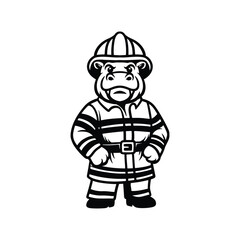 Firefighter Hippo Mascot, Animal Fireman Vector, Cute Hippopotamus in Firefighter Suit Illustration