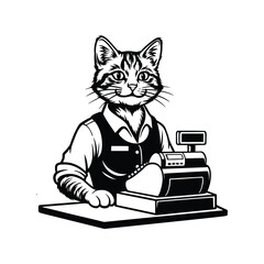 Cat Cashier Mascot, Cute Retail Worker Cat, Funny Cat at Cash Register, Cat Shop Assistant Vector