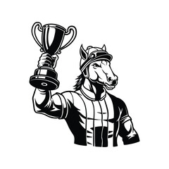 Horse Champion Mascot, Winner Animal Vector, Horse Holding Trophy Illustration, Racehorse Character Art