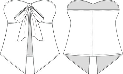 with ribbon sleeveless strapless sweetheart neck bodycon lowcut cutout coquette blouse top  template technical drawing flat sketch cad mockup fashion woman design style model 
