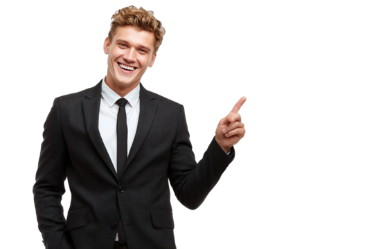 Confident Young Businessman Pointing Up, Smiling on transparent background