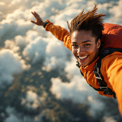 Joyful black woman skydiving above clouds with arms outstretched
