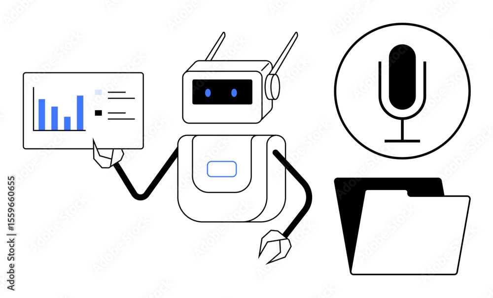 Poster robot presenting data insights on a chart, accompanied by microphone and folder icons. ideal for ai,