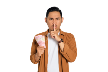 Bribery concept. Young Asian man in casual shirt holding money, showing shhh sign isolated on transparent background