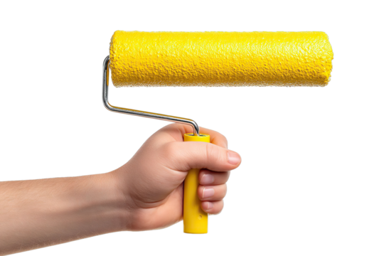 Hand Holding Yellow Paint Roller Isolated on transparent background