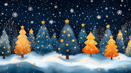 Watercolor illustration of a winter night landscape with decorated christmas trees and snowfall