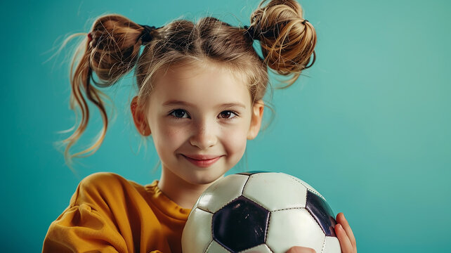a girl holds a soccer ball in her hands, a women's soccer, a child of 7 years old