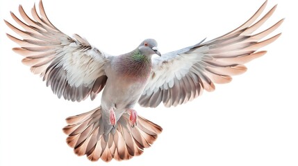 Fototapeta premium Isolated against a white background, a pigeon soaring with its wings spread wide, displaying its delicate plumage and beautiful movements.