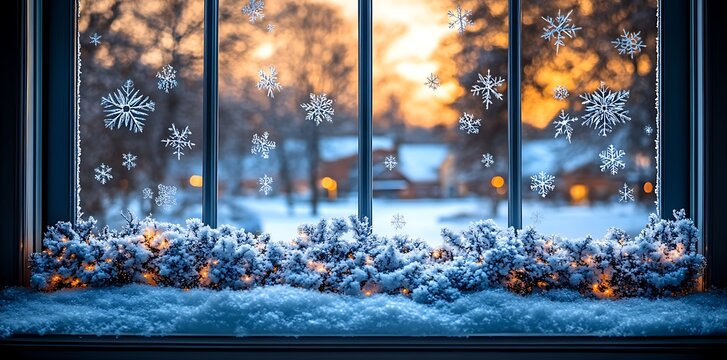 Winter wonderland scene through a window featuring snowflakes and decorative festive accents - Powered by Adobe
