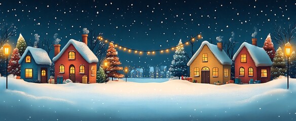 Winter village scene with snow covered houses christmas lights and falling snowflakes at night