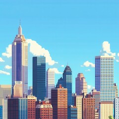 Obraz premium daytime city skyline pixel art, clear blue sky, bright buildings