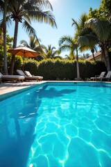 Fototapeta premium Sparkling Blue Swimming Pool Summer Sun Shimmers on Inviting Water, Perfect for Relaxation and Vacation Themes