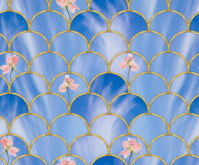 Arcs seamless pattern. Grid. Mosaic, inlay. Illustration in stained glass style. Art Deco. Delphinium. Seamless tracery pattern for wallpapers, textile print, bandanas, t-shirts. Oriental pattern.