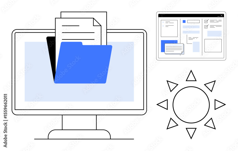 Poster monitor displaying a folder with documents, browser interface, and sun symbol. ideal for digital wor