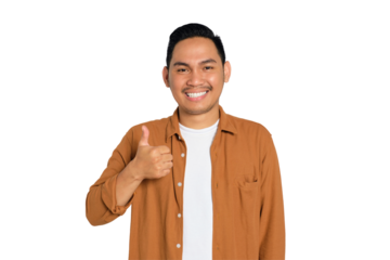 Smiling young Asian man in casual shirt showing thumbs up or like isolated on transparent background