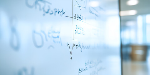 Close-up of whiteboard with calculations and diagrams, Business whiteboard with charts and equations, Office whiteboard with data and math symbols