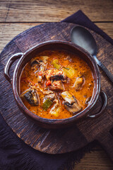 Pizza soup with vegetables, mushrooms and minced meat, minestrone