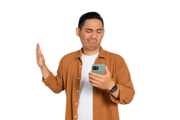 Handsome young Asian man in casual shirt looking at smartphone reading news and doing stop sign with hand isolated on transparent background