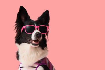 Cute Border Collie dog in sunglasses on pink background